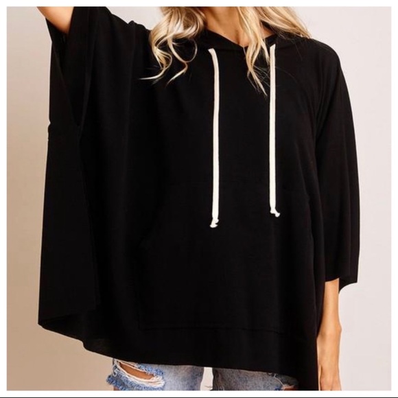 Fabulous Oversized Shark Bite Hem Hoodie Tunic Top with Front Pockets - Picture 2 of 4